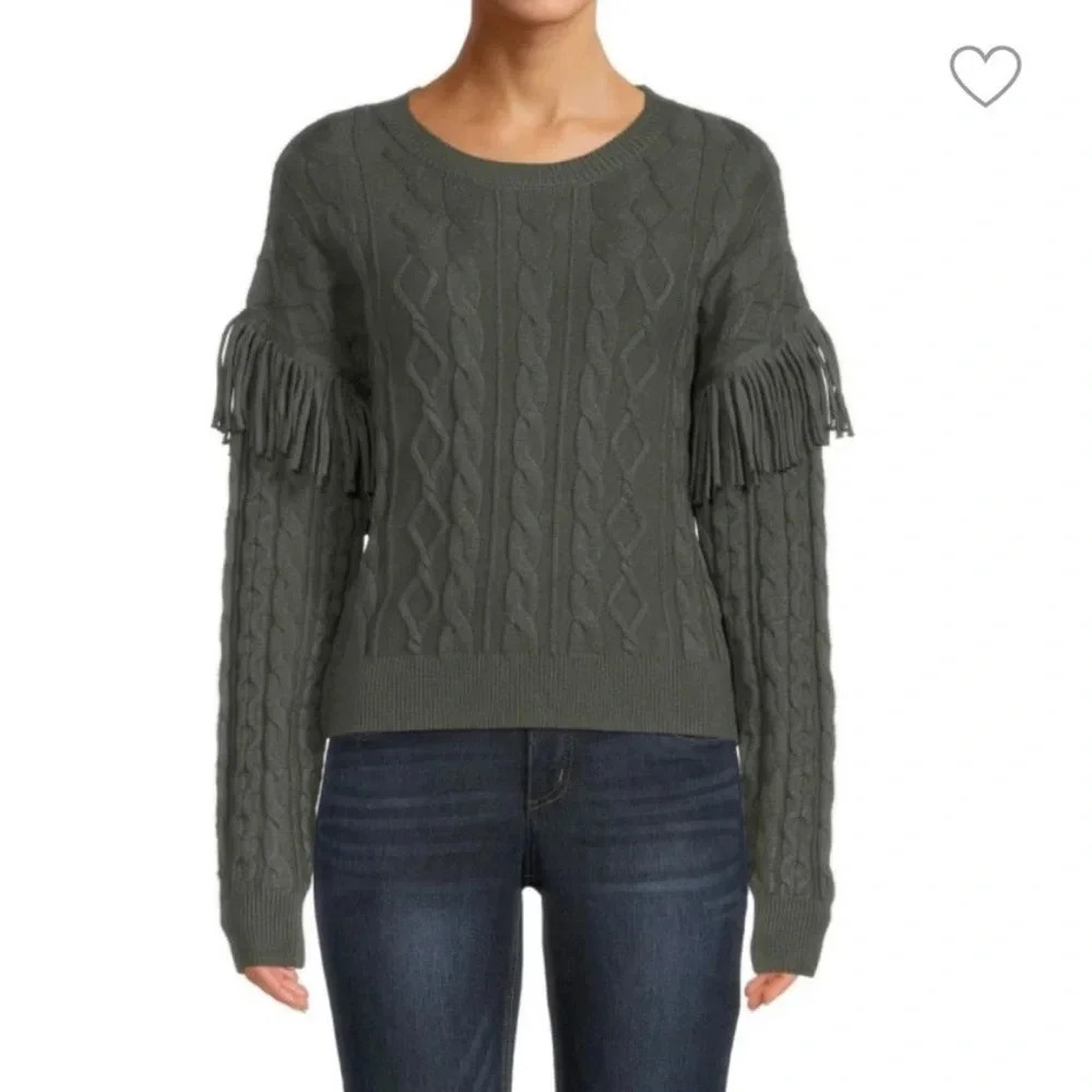 T Tahari Cable Knit Fringe Trim Pullover Sweater Size Medium Alpine Green NWT
